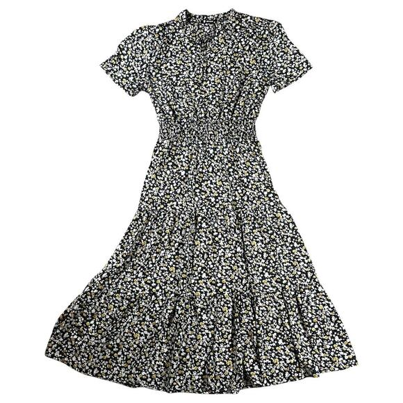 BTFBM Boho Dress Floral Print Tie V Neck Short Sleeve A-Line Midi Dress size M - Picture 1 of 6
